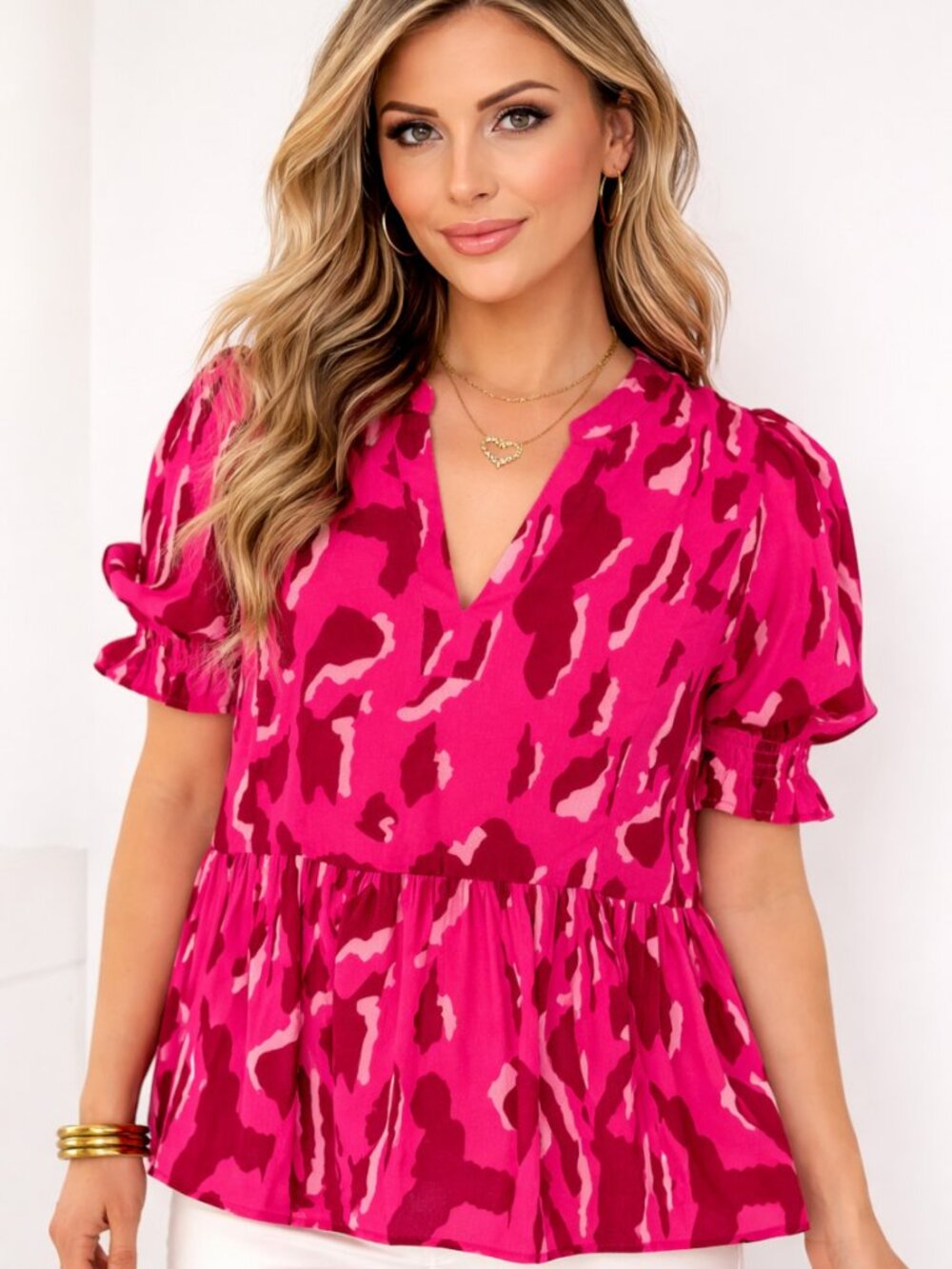 Pink Painterly Animal Print Peplum Blouse Puff Sleeve Boho Top L NWT